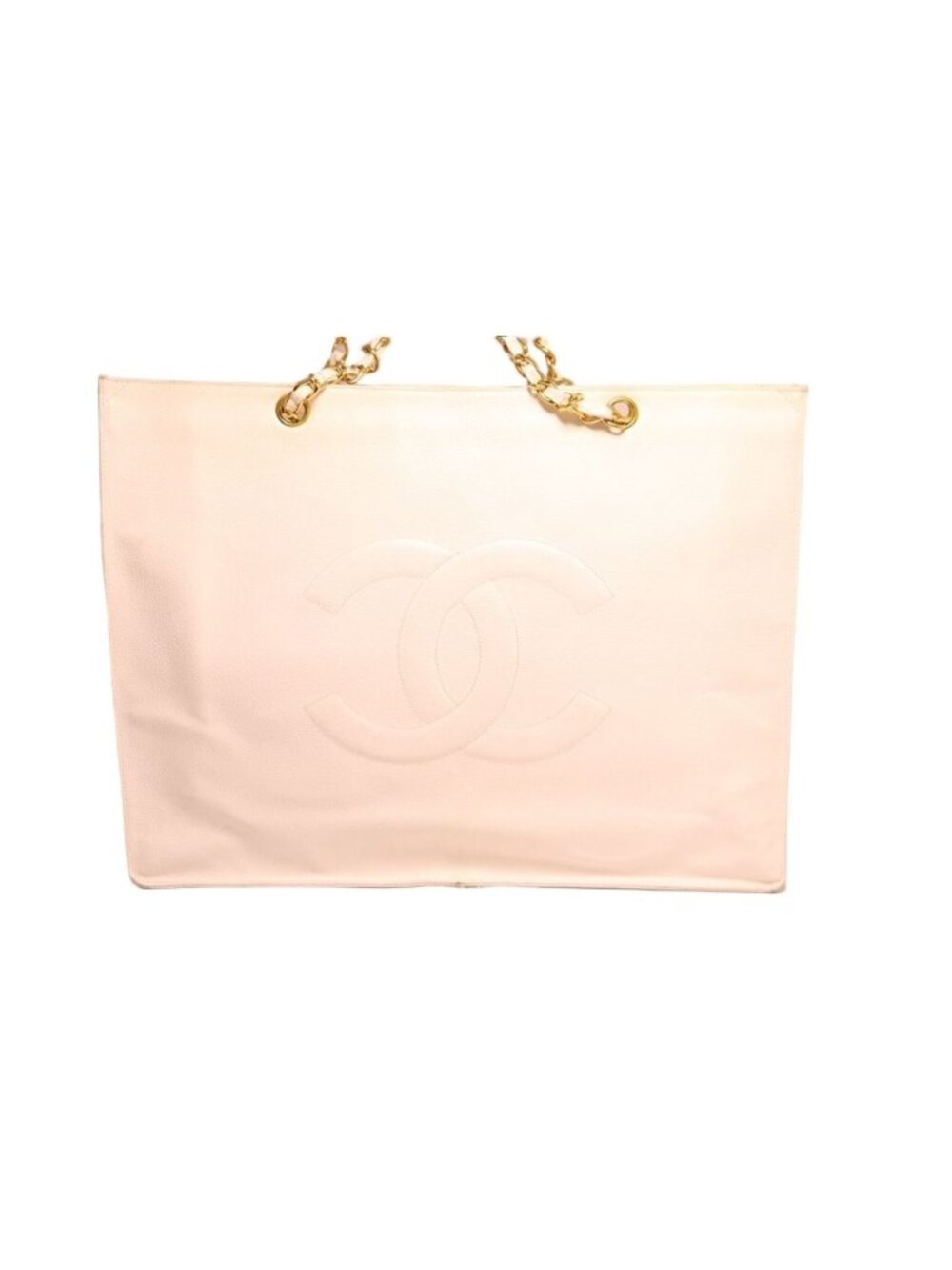 Chanel Caviar Leather Jumbo CC Logo White Chain Tote Bag